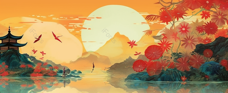 飞鸟花朵树枝山水中国自然国潮风景树林古典风格湖泊水墨插画,插画/手绘图,插画/手绘图库,插画/手绘图下载,插画/手绘